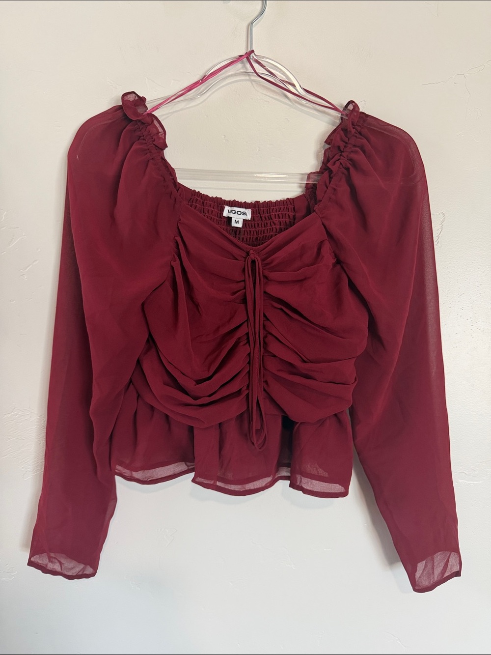 Vigoss Burgundy Ruched Tie-Front Sheer Long Sleeve Top Whimsy Goth Fairy Core